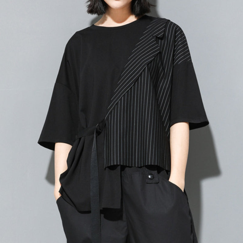 Fake Two-piece Straight Lace-up Striped Patchwork T-shirt