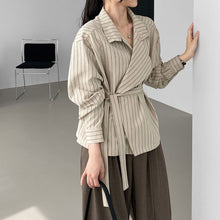 Load image into Gallery viewer, Striped Stand Collar Tie-Waist Long Sleeve Shirt
