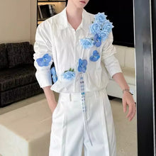 Load image into Gallery viewer, 3D Blue Handmade Floral Long-Sleeved Shirt
