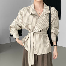 Load image into Gallery viewer, Striped Stand Collar Tie-Waist Long Sleeve Shirt
