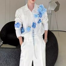 Load image into Gallery viewer, 3D Blue Handmade Floral Long-Sleeved Shirt
