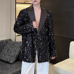 Sequined Lapel Loose Solid Color Suit Jacket