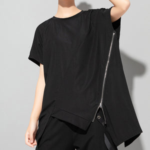 Asymmetric Zip Round Neck Pullover T-shirt