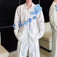 Load image into Gallery viewer, 3D Blue Handmade Floral Long-Sleeved Shirt
