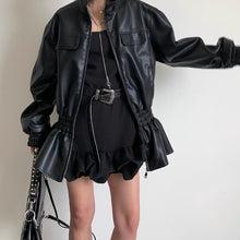 Load image into Gallery viewer, Threaded Elastic Waist Ruffled Leather Jacket
