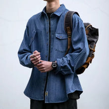Load image into Gallery viewer, Japanese Retro Style Washed Striped Denim Shirt
