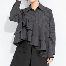 Load image into Gallery viewer, Women's Asymmetrical Double Layer Ruffle Hem Striped Shirt
