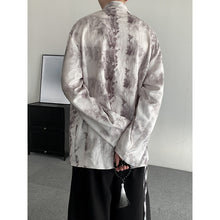 Load image into Gallery viewer, Retro Jacquard Stitching Stand Collar Ink Print Shirt
