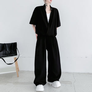 Stand-up Collar Drape T-shirt Casual Wide-leg Trousers Two-piece Suit