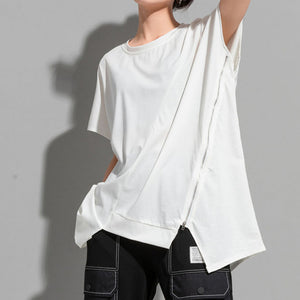 Asymmetric Zip Round Neck Pullover T-shirt