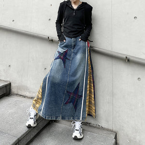 Paneled Contrast Plaid High-waist Denim Skirt