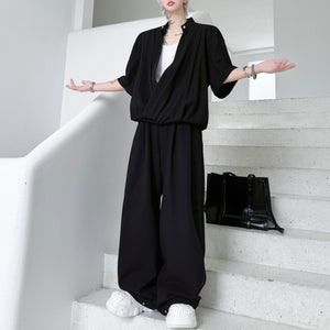 Stand-up Collar Drape T-shirt Casual Wide-leg Trousers Two-piece Suit