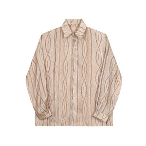 Pleated Textured Lapel Long Sleeve Shirt