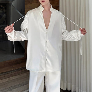 French Satin Ribbon Stitching Deep V-neck Shirt