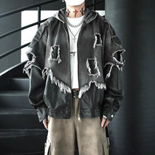 Load image into Gallery viewer, Patchwork Leather Distressed Frayed Edge Denim Hooded Jacket
