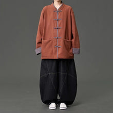 Load image into Gallery viewer, Fleece Lined Contrast Collar Frog Button Hanfu Cardigan
