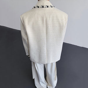 Woven Panel Check Double-Breasted Blazer