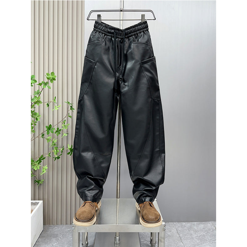 PU Loose Stitching Straight Harem Pants