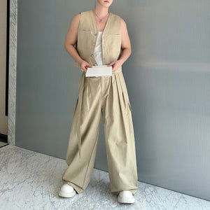 Casual Short Cardigan Vest Wide Leg Trousers Workwear Two-piece Set