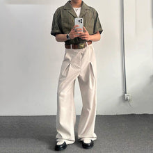 Load image into Gallery viewer, Linen Slanted Placket Double-pleat Straight Trousers
