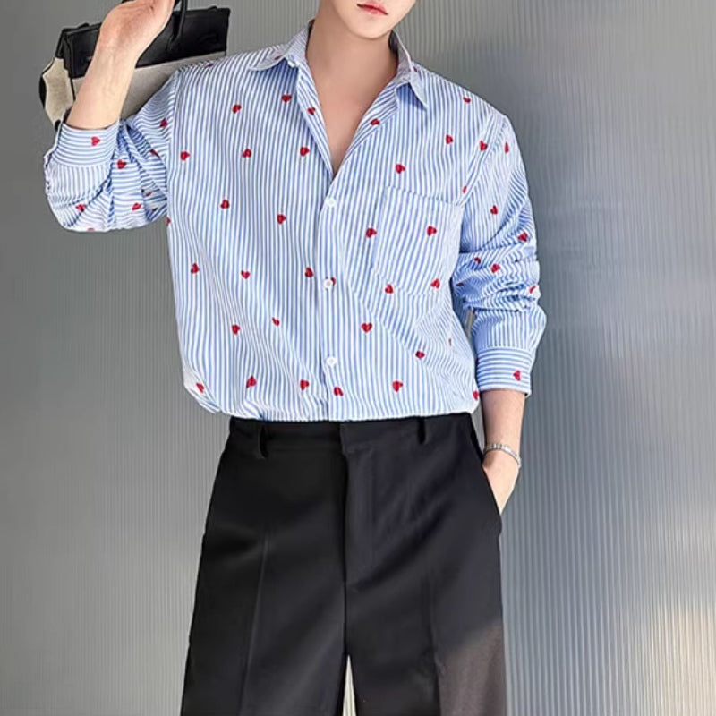 Blue Striped Heart Print Drape Shirt