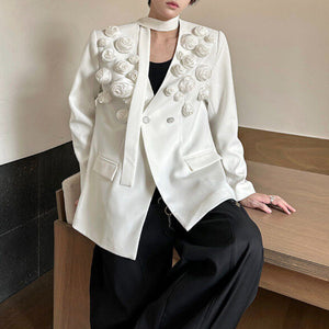 3D Rose V-neck Shoulder Pad Ribbon Jacket