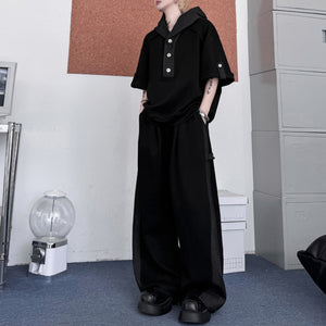 American Casual Contrast Color Stitching Hooded Sweatshirt Wide Leg Trousers Two-piece Set