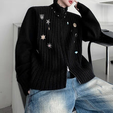 Load image into Gallery viewer, Stand-up Collar Metal-trimmed Knit Cardigan
