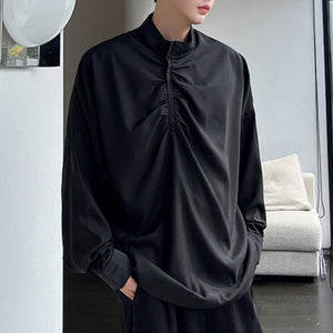 Pleated Stand Collar Solid Long Sleeve Shirt