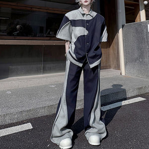 Patchwork Contrast Color Jacket Casual Loose Trousers Two-piece Set