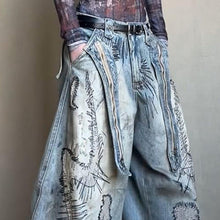 Load image into Gallery viewer, Stitch Embroidery Dyed Denim Loose Wide Leg Scimitar Pants
