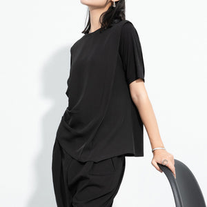 Draped Hem Pleated Patchwork T-shirt