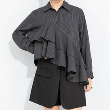 Load image into Gallery viewer, Women's Asymmetrical Double Layer Ruffle Hem Striped Shirt
