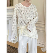 Load image into Gallery viewer, Floral Cutout Lace Pearl Shawl Overlay Crew Neck Loose Long Sleeve Shirt
