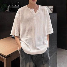 Load image into Gallery viewer, Striped Knit Henley Collar Casual T-Shirt
