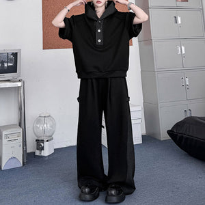 American Casual Contrast Color Stitching Hooded Sweatshirt Wide Leg Trousers Two-piece Set
