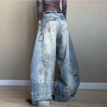 Load image into Gallery viewer, Stitch Embroidery Dyed Denim Loose Wide Leg Scimitar Pants

