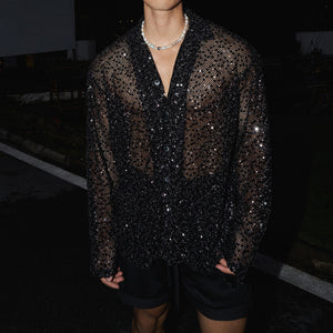 Shiny Silver Sequined Hollow Long Sleeve Shirt