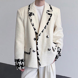 Woven Panel Check Double-Breasted Blazer