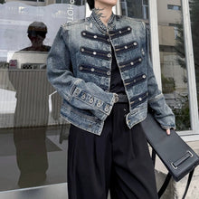 Load image into Gallery viewer, Mandarin Collar Button Detail Denim Jacket
