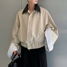 Load image into Gallery viewer, Leather Collar Contrast Plaid Oversized Turned-sleeve Cotton Jacket
