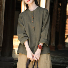 Load image into Gallery viewer, Linen Stand Collar Colorblock Buttoned Pullover Shirt
