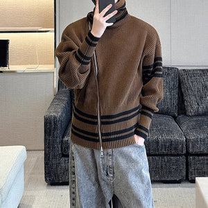 Contrast Striped Diagonal Zip-up Turtleneck Sweater
