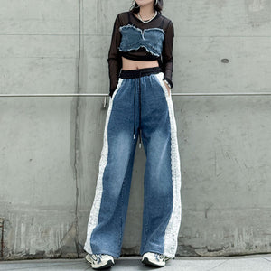 Contrast Color Lace High Waist Wide Leg Jeans
