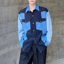 Load image into Gallery viewer, Denim Patchwork Contrasting Lapel Shirt
