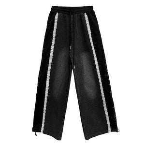 Contrast Color Lace High Waist Wide Leg Jeans