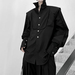 Tie-decorated Button-down Shoulder-padded Solid Color Shirt