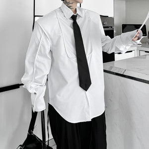 Tie-decorated Button-down Shoulder-padded Solid Color Shirt