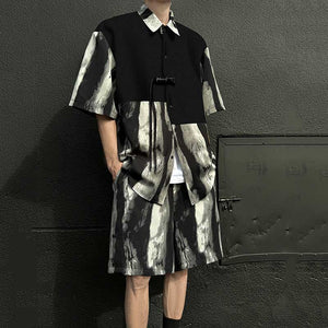 Summer Loose Ice Silk Shirt Ink Tie-dyed Short-sleeved Shorts Two-piece Suit