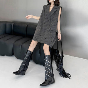 Ripped Loose Striped Suit Collar Vest Dress